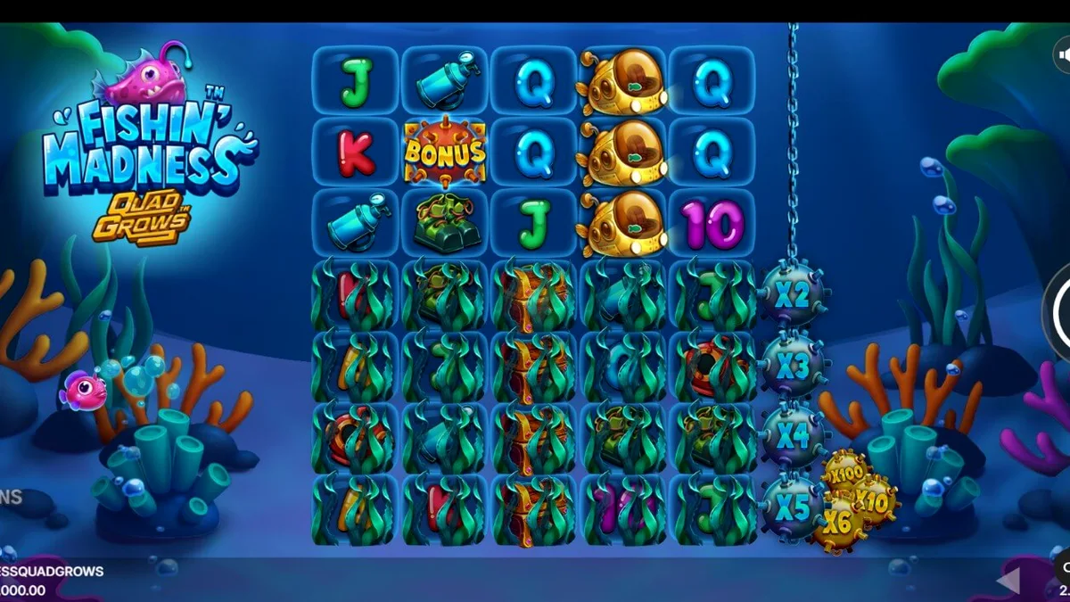 Tampilan visual slot Fishin’ Madness Quadgrows dengan tema bawah laut yang dinamis