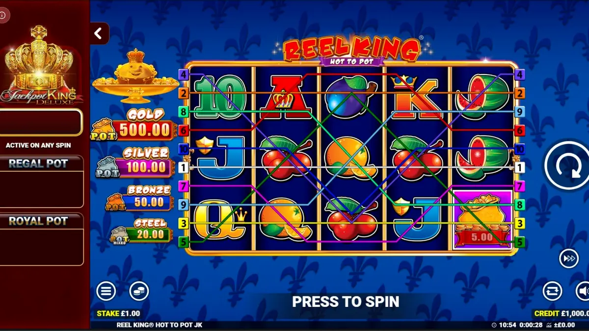Tampilan visual slot Reel King: Hot to Pot dengan nuansa kerajaan dan buah-buahan klasik