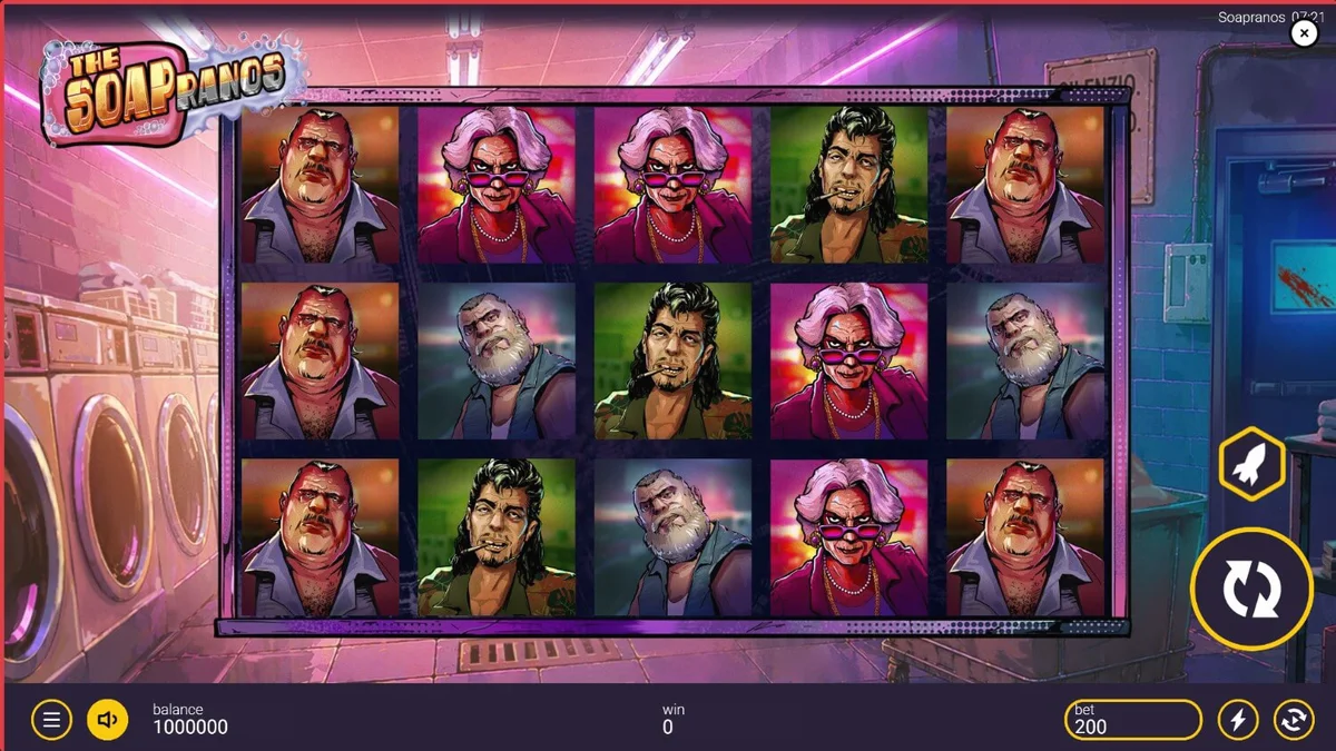 Tampilan visual slot The Soapranos dengan tema mafia dan binatu