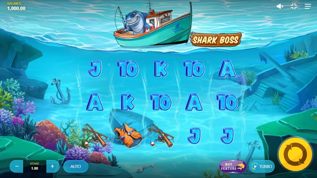 Tampilan visual slot Shark Boss dengan hiu di atas perahu
